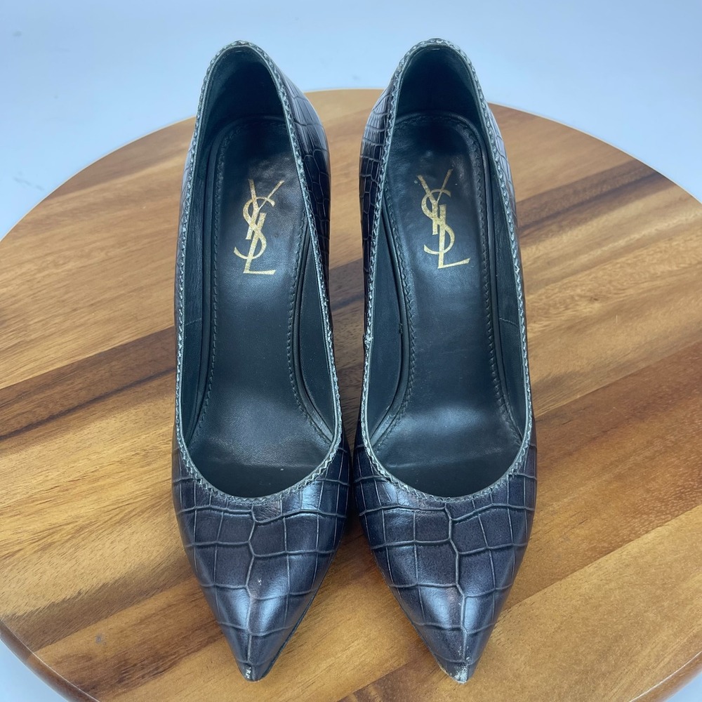 Womens YSL Saint Laurent Dark Gray Croc Print Leather Block Heels Size 36 US 6 - Picture 6 of 16